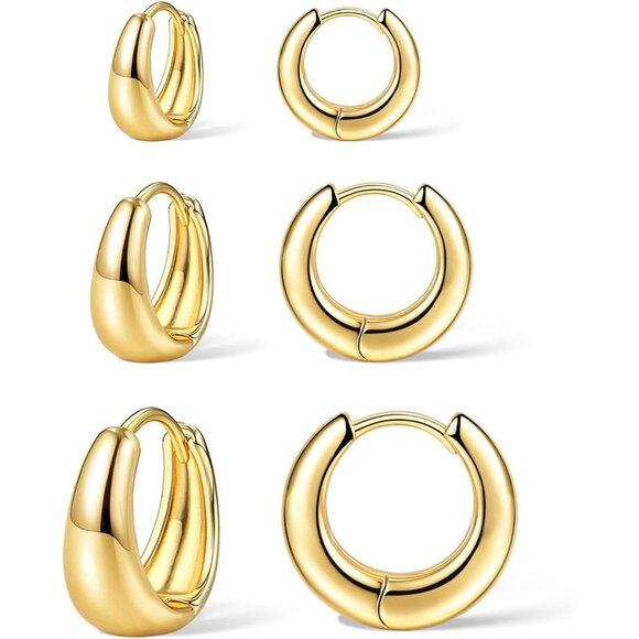3Pairs Gold Hoop Earrings Set for Women Trendy Chunky Huggie Dainty Earring Jewe - Picture 2 of 8